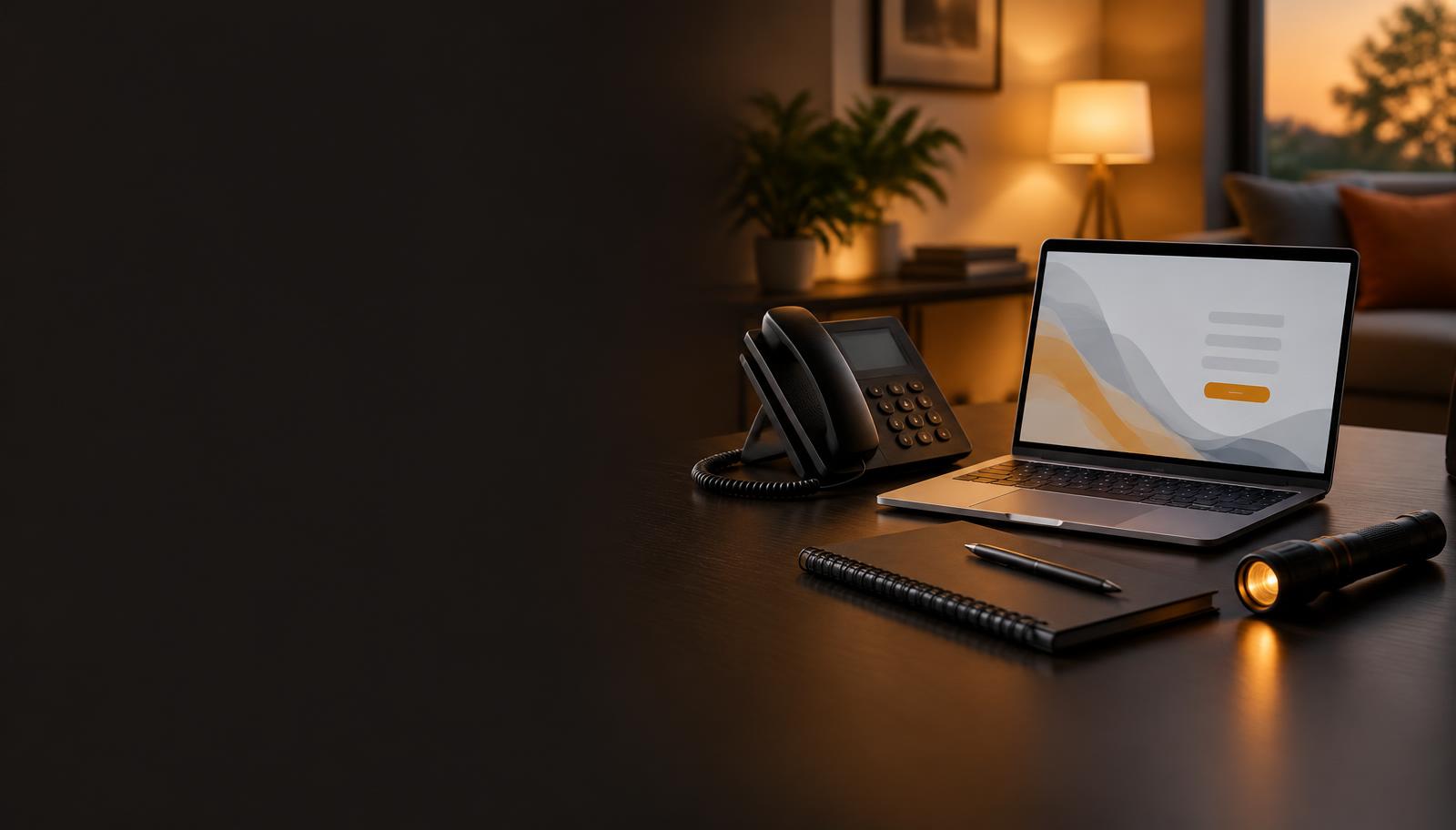 Professional contact desk with telephone, laptop and inspection torch